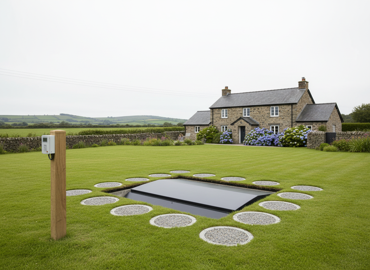 A modern, environmentally compliant drainage treatment system with a sleek, low-profile graphite grey tank partially visible through a clean cutaway in a lush Cornish garden lawn. Surrounding it are neatly arranged gravel inspection covers, a compact control panel on a timber post, and a distant stone farmhouse, all under a bright but softly overcast UK sky. Diffused daylight creates even, shadowless illumination that highlights the system’s tidy installation and minimal disruption to the landscape. Photographed at eye level with sharp focus from foreground to background, the composition feels calm, professional, and reassuring, emphasizing hassle-free, compliant drainage integrated unobtrusively into rural domestic surroundings, in a clean, photographic realism style.